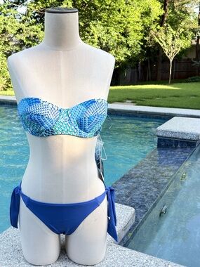 ECHO New York 2-Piece Havana Geo/Tribal Print Top with Blue Wide Side Tie Bottom